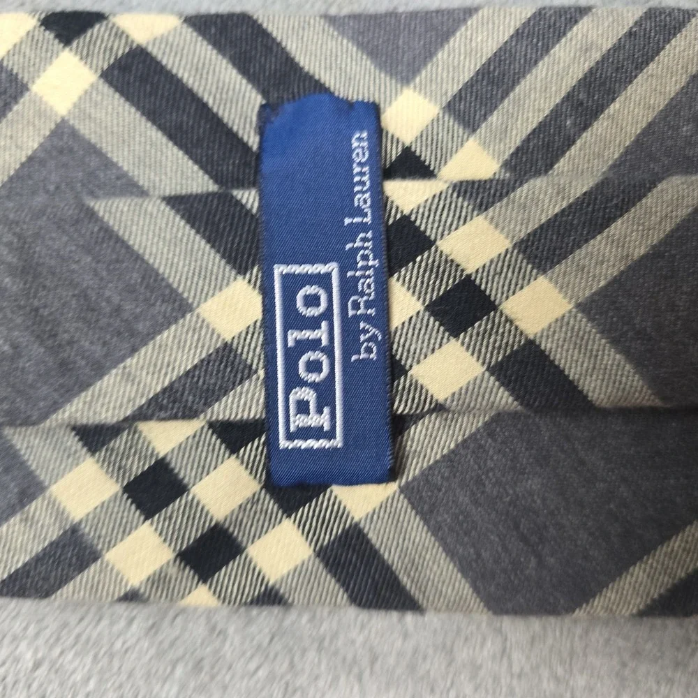 Vintage Polo Ralph Lauren Tie Gray Plaid Cotton Black Pony Logo Made in USA